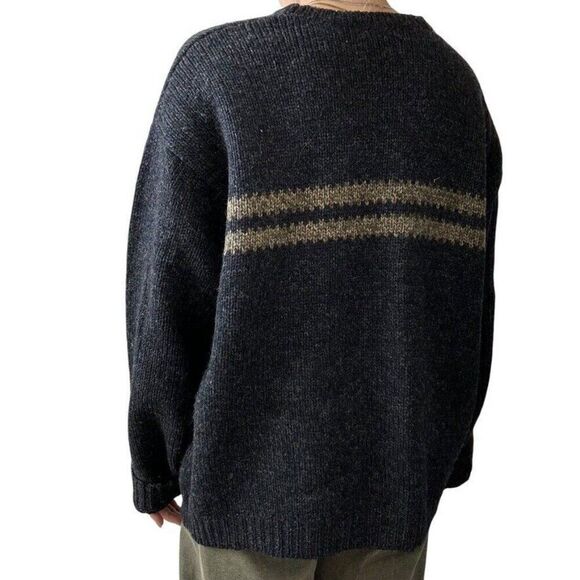 Vintage 1990s EMS Mens Wool Charcoal Gray Striped Chunky Distressed Sweater XL - Picture 6 of 10